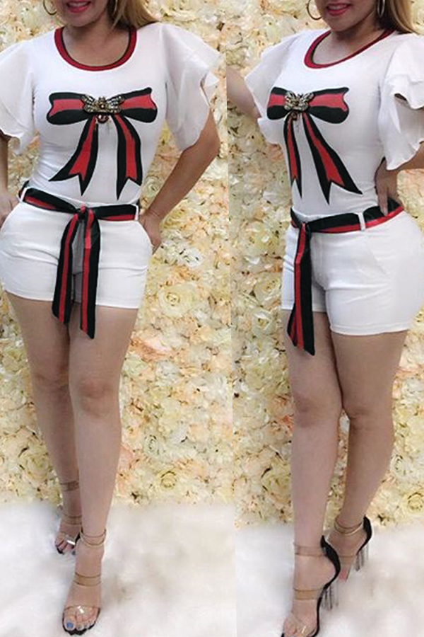 

Lovely Euramerican Printed Lace-up White Twilled Satin Two-piece Shorts Set