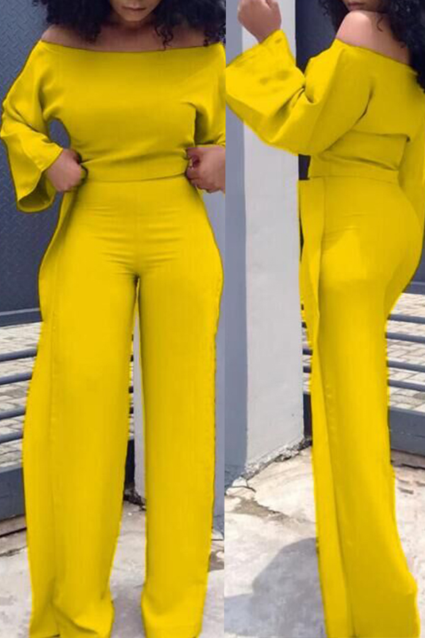 Lovely Casual Dew Shoulder Flounce Yellow Twilled Satin Two-piece Pants Set