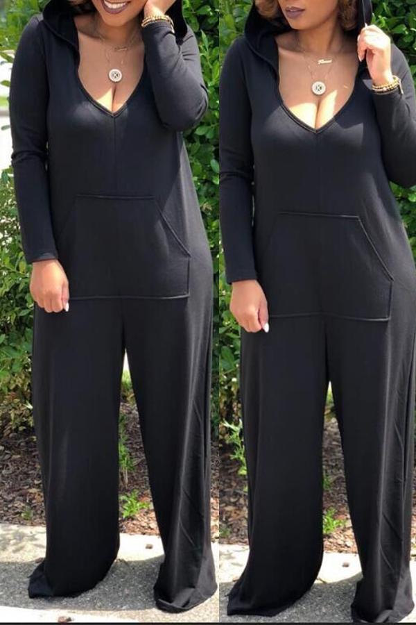 

Lovely Casual Hooded Collar Loose Black One-piece Jumpsuit