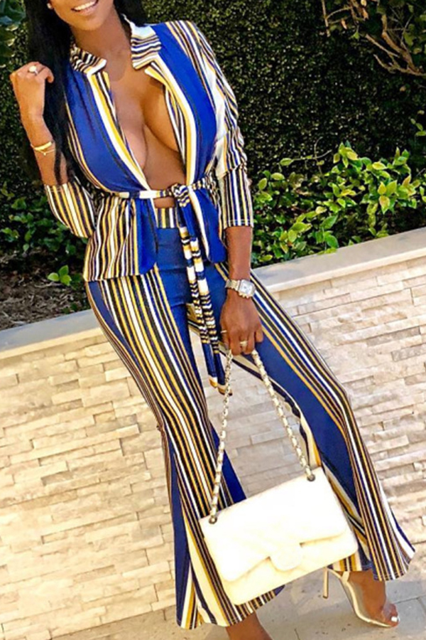 

Lovely Casual Striped Blue Blending Two-piece Pants Set