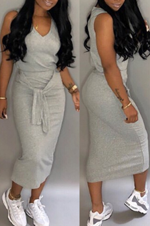 

Lovely Casual Lace-up Slim Grey Cotton Blends Mid Calf Dress