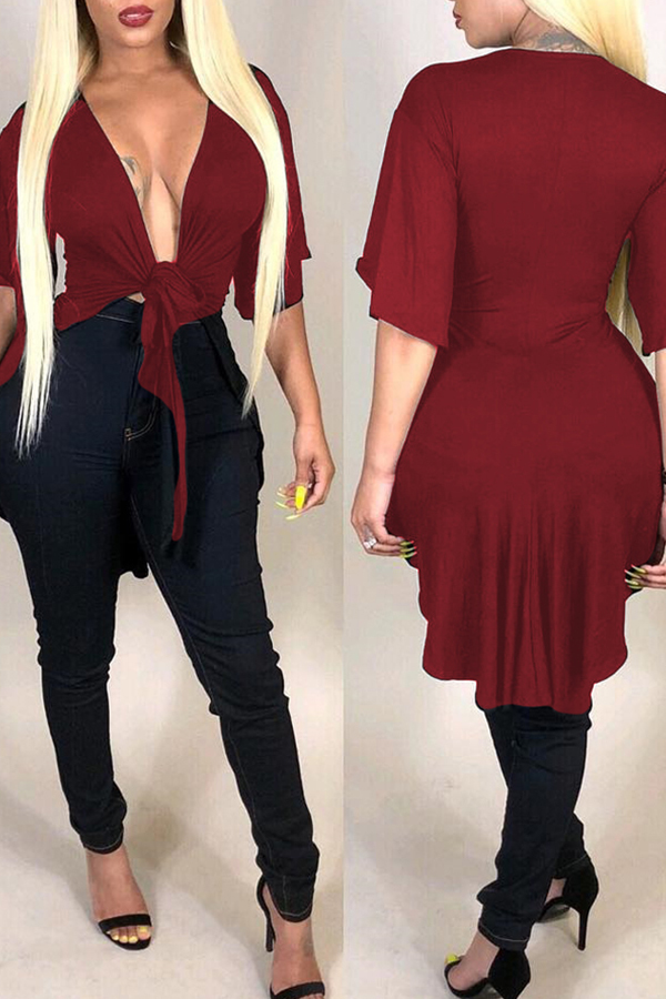 

Lovely Casual Asymmetrical Lace-up Red Blouses