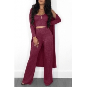 Lovely Casual U Neck Wine Red Two-piece Pants Set 