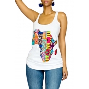 Lovely Casual Sleeveless Printed White Cotton T-sh