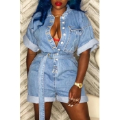 Lovely Fashion Buttons Design Blue Denim One-piece