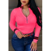 Lovely Casual Bust Zippers Rose Red Sweaters