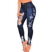 Lovely Casual Embroidered Design Deep Blue Jeans