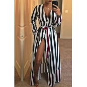 Lovely Casual Striped Patchwork Black Floor Length
