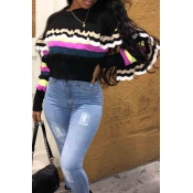 Lovely Sweet Color Striped Flounce Black Knitting 