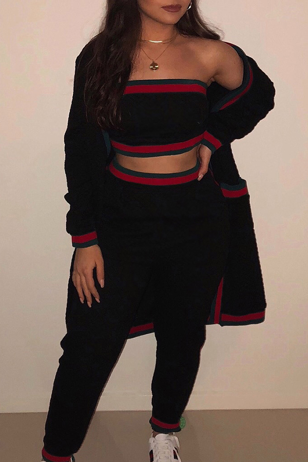 

Lovely Casual Striped Patchwork Black Twilled Satin Two-piece Pants Set(With Coat)