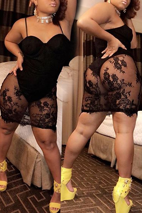 

Lovely Sexy Patchwork Black Lace Knee Length Dress