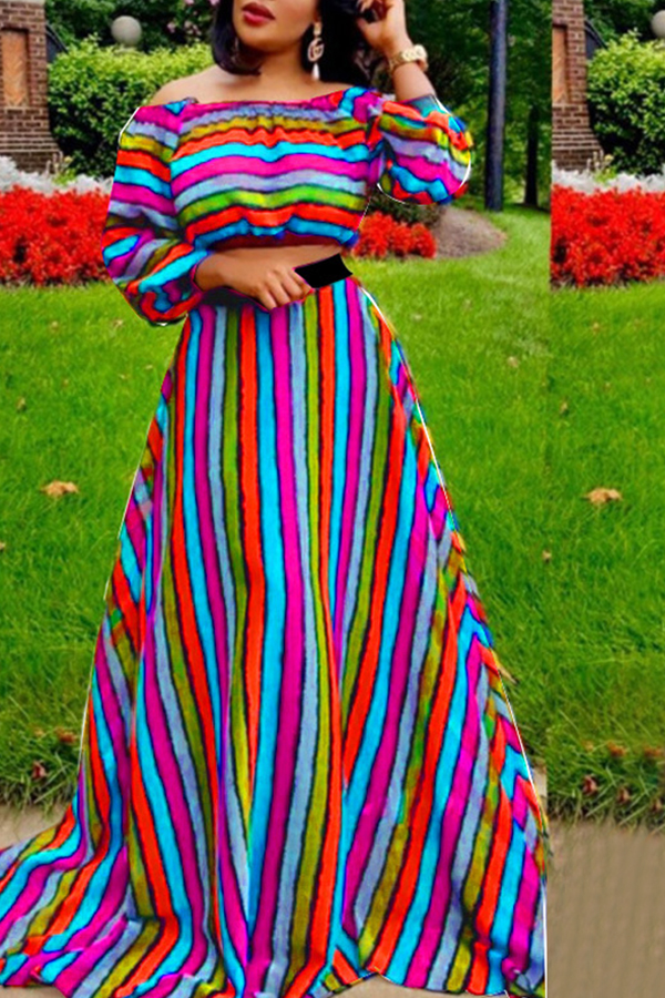 

Lovely Casual Striped Show Hilum Rose Red Two-piece Skirt Set