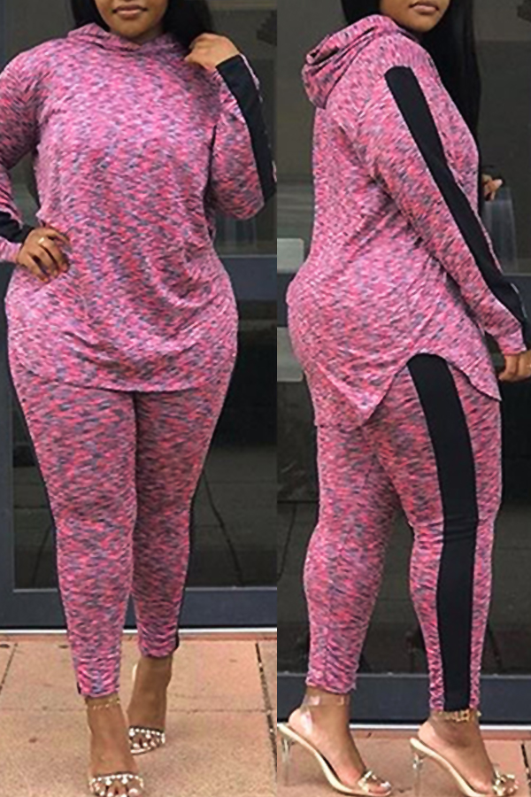 

Lovely Sportswear Hooded Collar Patchwork Purple Two-piece Pants Set