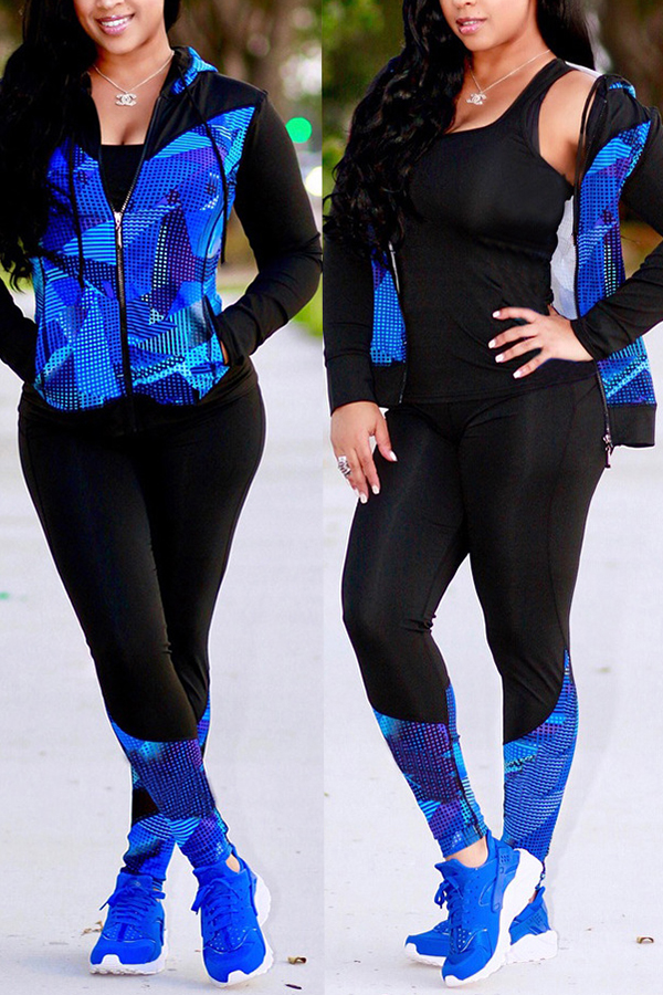 

Lovely Sportswear Hooded Collar Printed Blue Knitting Two-piece Pants Set