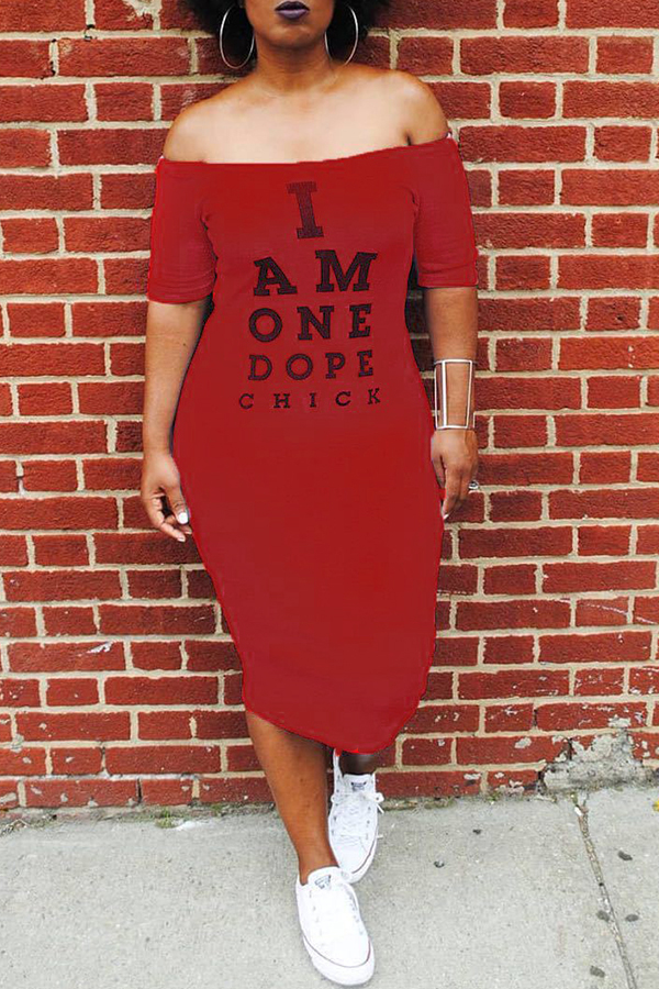 

Lovely Euramerican Letters Printed Red Twilled Satin Mid Calf Dress