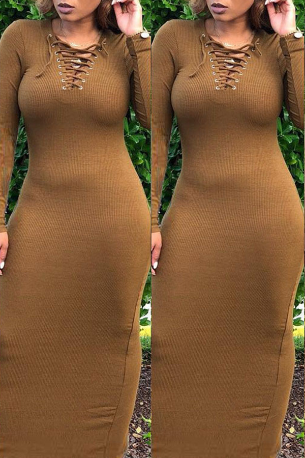 

Lovely Casual Lace-up Slim Brown Sweater Ankle Length Dress