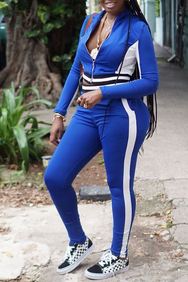 

Lovely Sportswear Patchwork Blue Twilled Satin Two-piece Pants Set