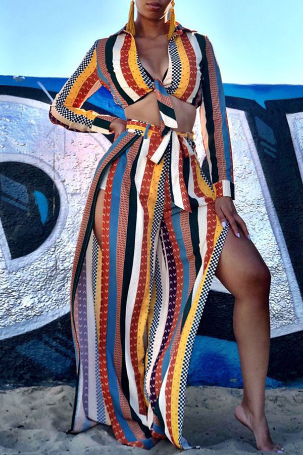 

Lovely Sexy Striped Side Slit Multicolor Twilled Satin Two-piece Pants Set