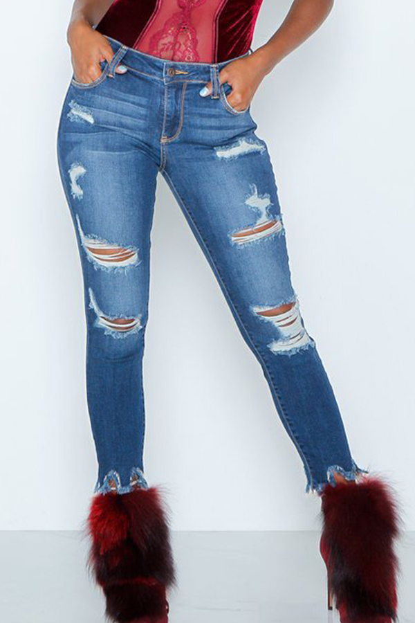

Lovely Casual Broken Holes Blue Cotton Jeans
