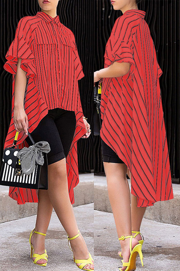 

Lovely Casual Asymmetrical Striped Red Blouses