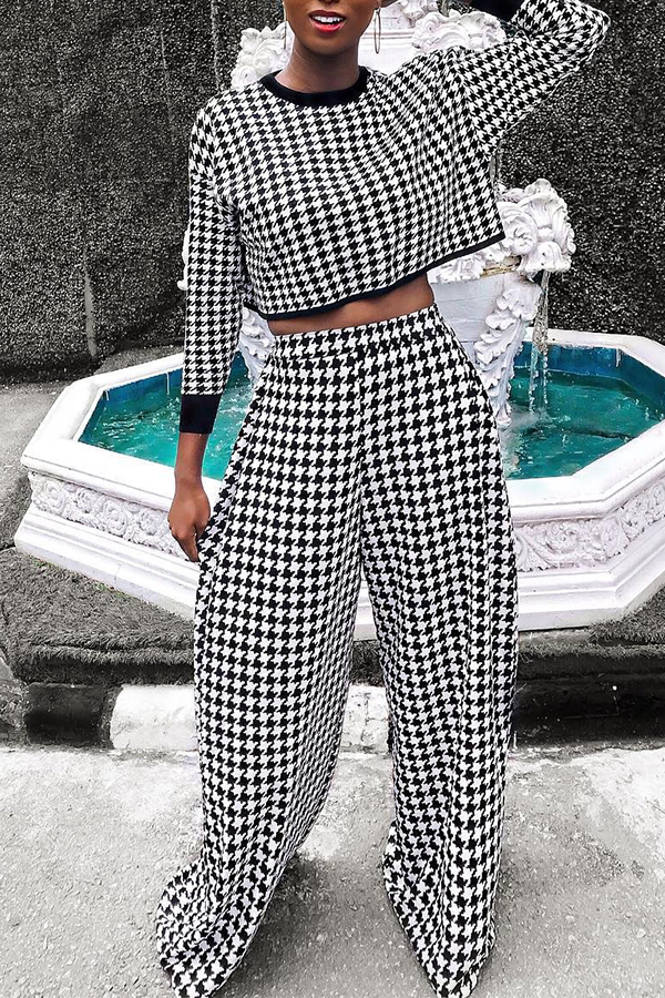 

Lovely Vogue Grids Printed Black Twilled Satin Two-piece Pants Set