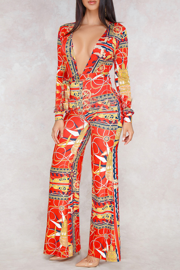 

Lovely Euramerican Printed Loose Red One-piece Jumpsuit