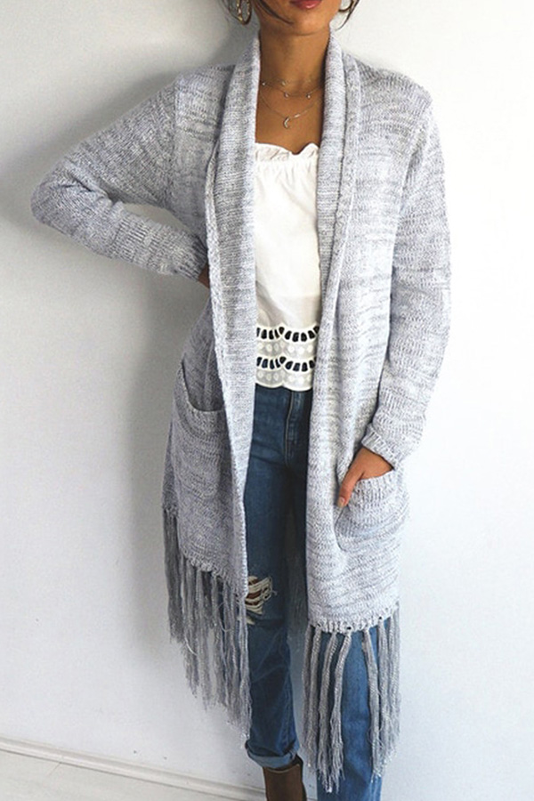 

Lovely Casual Tassel Design Long Grey Cotton Coat