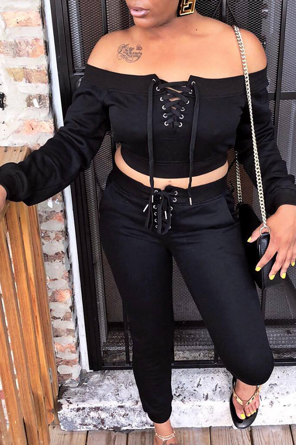 

Lovely Casual Dew Shoulder Black Twilled Satin Two-piece Pants Set