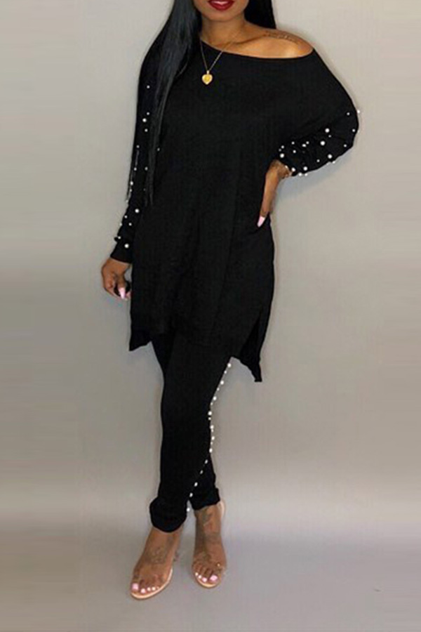 

Lovely Trendy Nail Bead Design Black Cotton Two-piece Pants Set