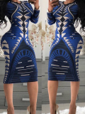 Lovely Casual Geometric Printed Slim Deep Blue Knee Length Dress