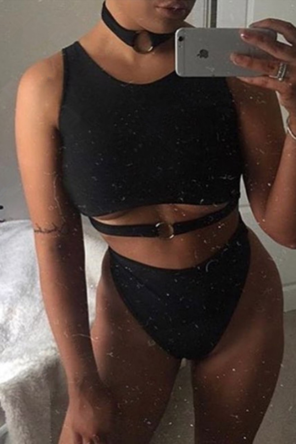 

Lovely Casual Circle Adornment Black Two-Piece Swimwear Set