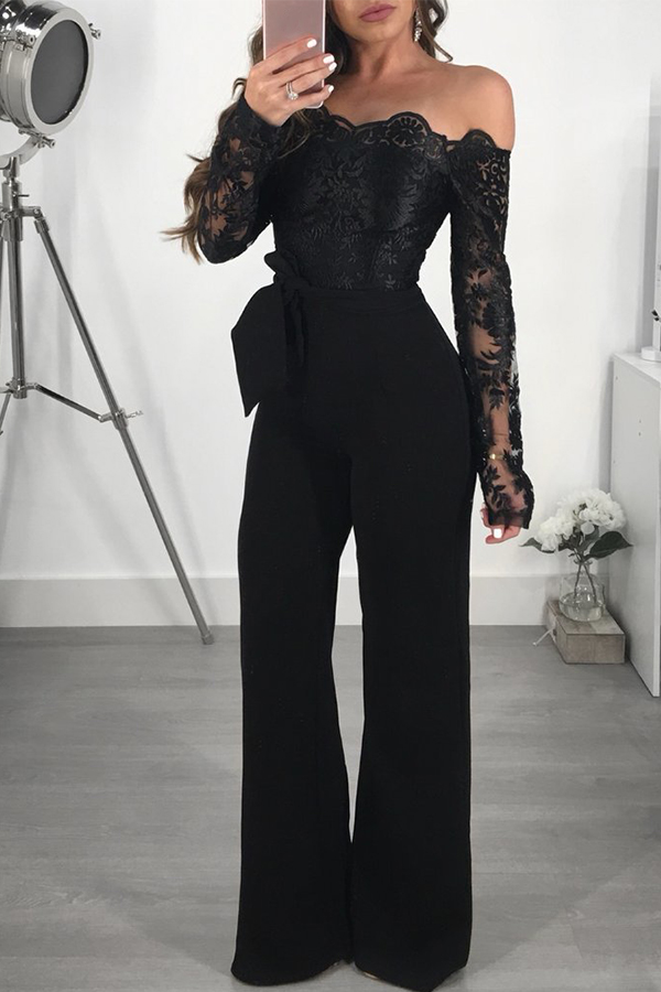 

Lovely Elegant Dew Shoulder Patchwork Black One-piece Jumpsuit