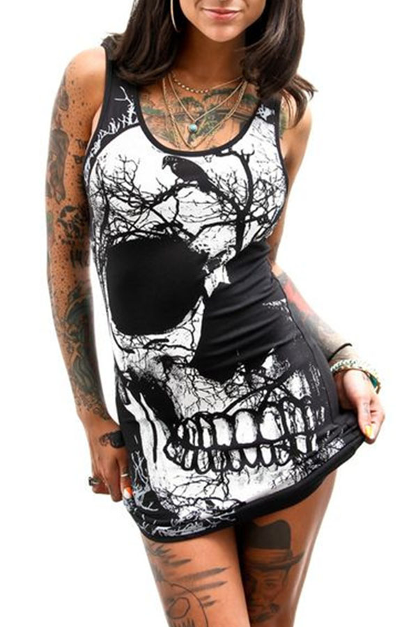 

Lovely Euramerican Skull Printed Black Mini Dress