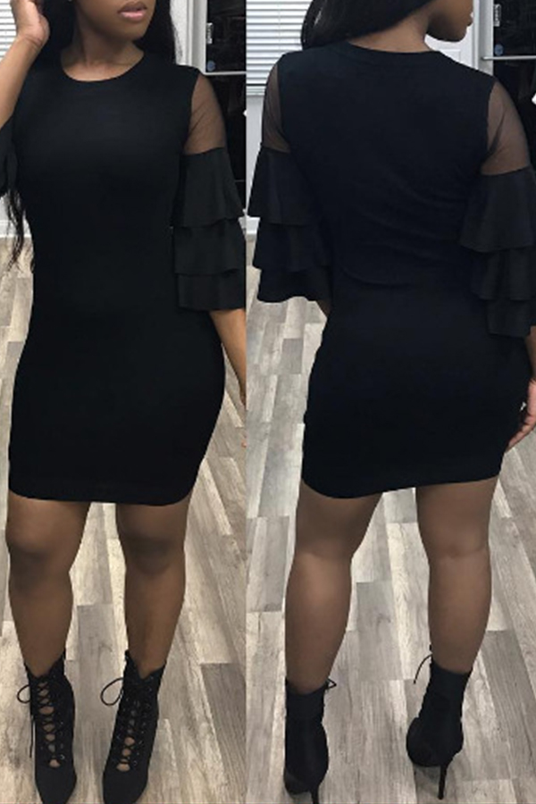 

Lovely Euramerican Patchwork Flare Sleeves Black Mini Dress