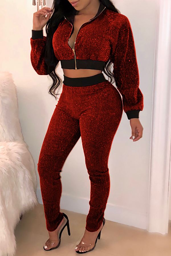 

Lovely Euramerican Patchwork Long Sleeves Wine Red Knitting Two-piece Pants Set