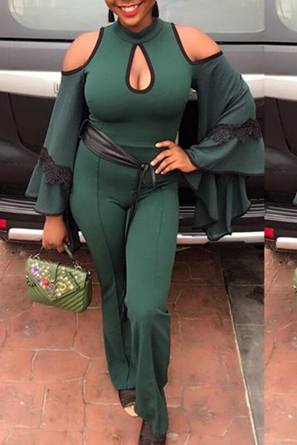 

Lovely Elegant Big Horn SleeveS Green Twilled Satin One-piece Jumpsuit