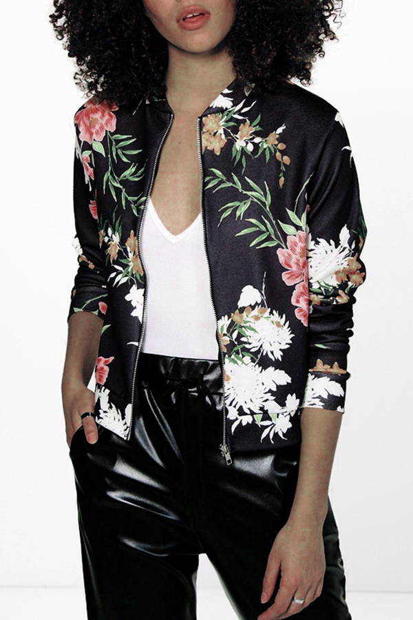 

Lovely Euramerican Long Sleeves Floral Printed Black Jacket