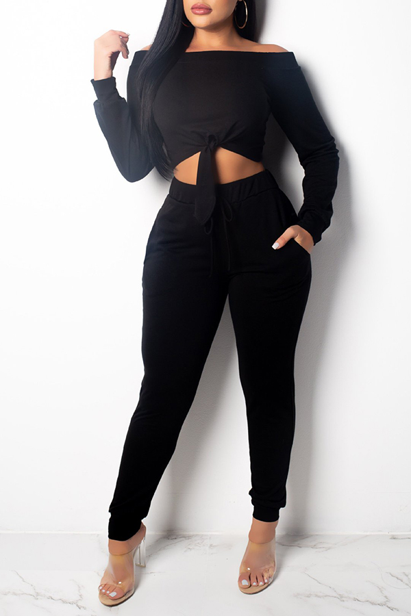

Lovely Casual Knot Design Black Two-piece Pants Set