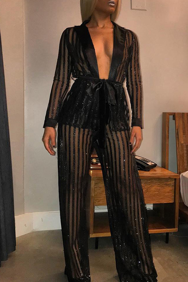 

Lovely Sexy Striped See-through Black Knitting Two-piece Pants Set