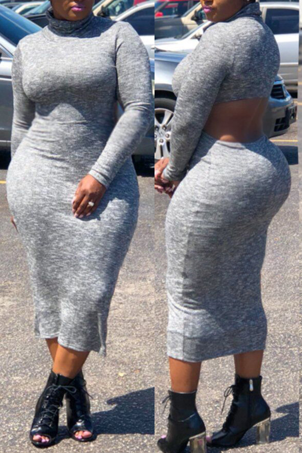 

Lovely Casual Hollowed-out Slim Grey Mid Calf Dress