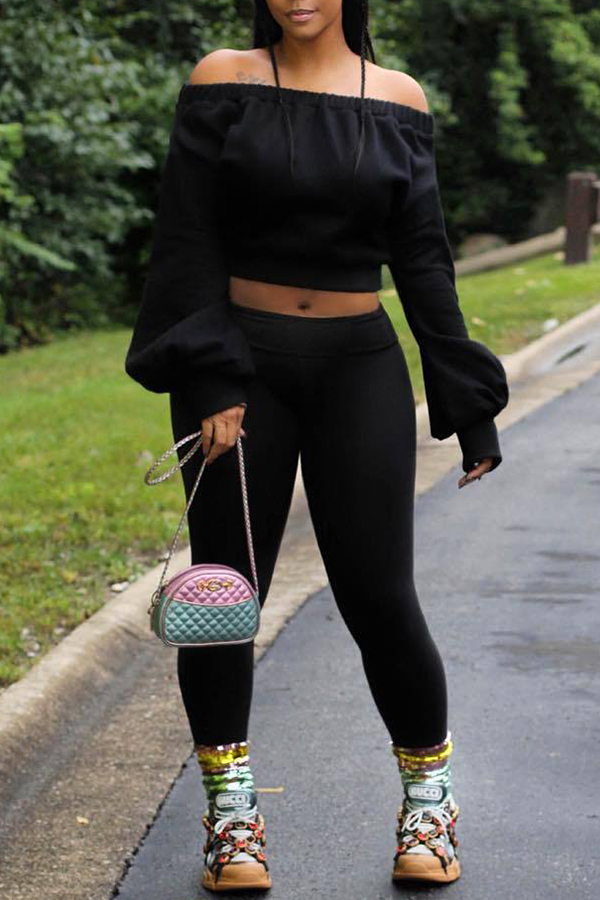 

Lovely Casual Long Sleeves Black Twilled Satin Two-piece Pants Set
