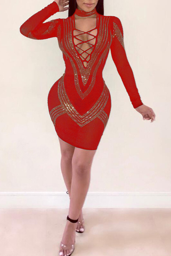 

Lovely Sexy Hot Drilling Decorative Red Knitting Mini Dress