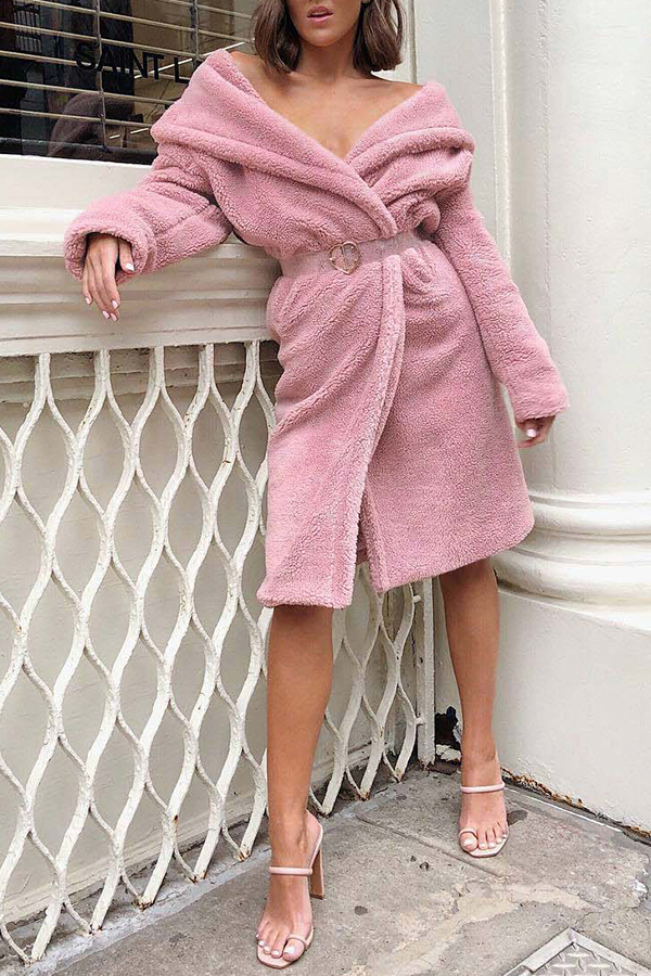 

Lovely Casual Long Sleeves Long Pink Coat(Without Belt)