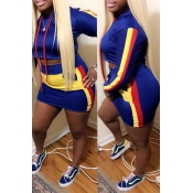 Lovely Casual Hooded Collar Patchwork Blue Twilled