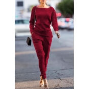 Lovely Trendy Pockets Wine Red Blending Two-piece 