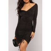 Lovely Casual Dew Shoulder Drawstring Black Mini D