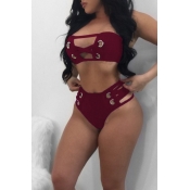 Lovely Casual Hollowed-out Wine Red Two-Piece Swim