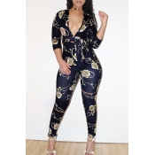 Lovely Sexy Floral Printed Skinny Dark Blue Blendi