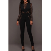 Lovely Trendy Patchwork Black Lace One-piece Jumps