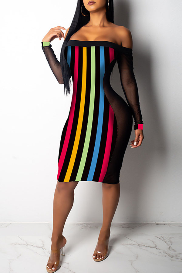 

Lovely African Striped Dew Shoulder Multicolor Knitting Knee Length Dress